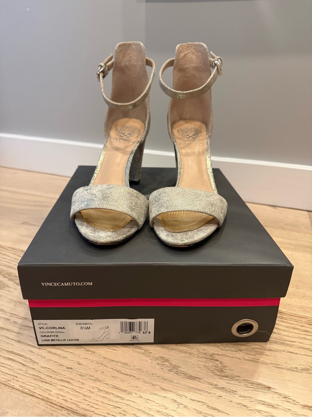 Vince Camuto Metallic Silver Ankle-Strap Block Heels